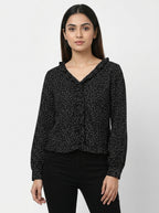 Women's Black Polka Dot Ruffled Long Sleeve Top