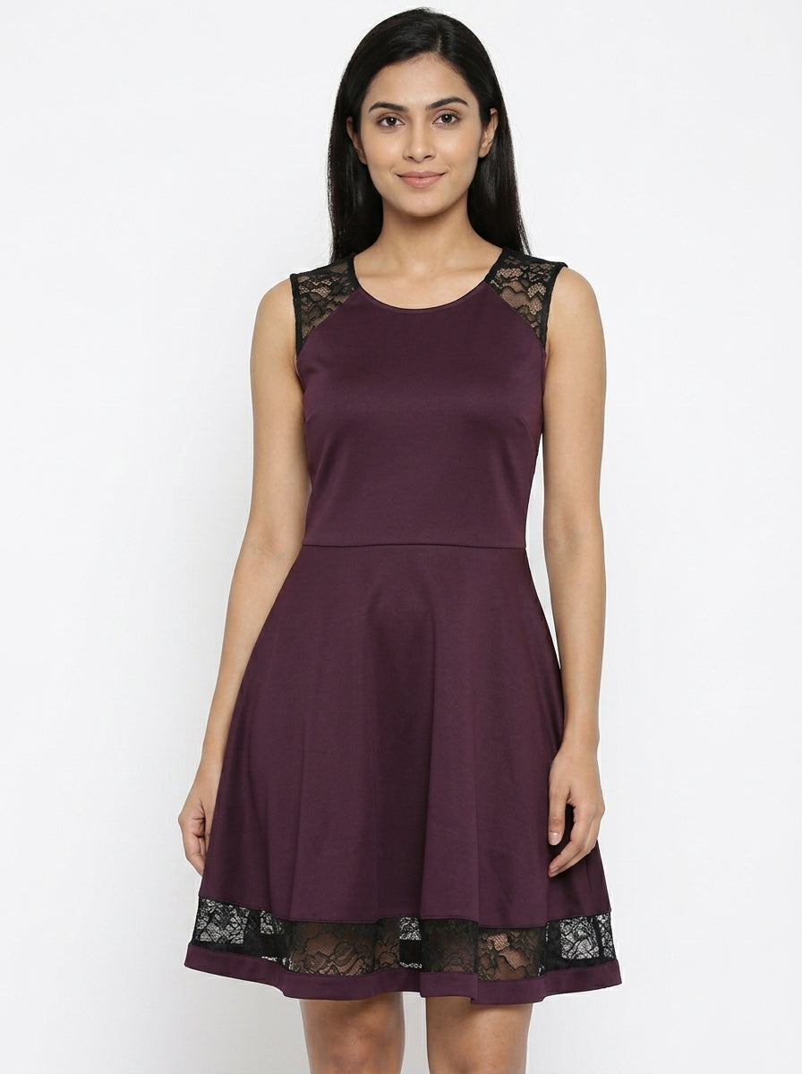 Burgundy Flared Dress with Black Lace Detail