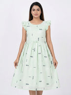 Light Green Floral Printed Flared Dress