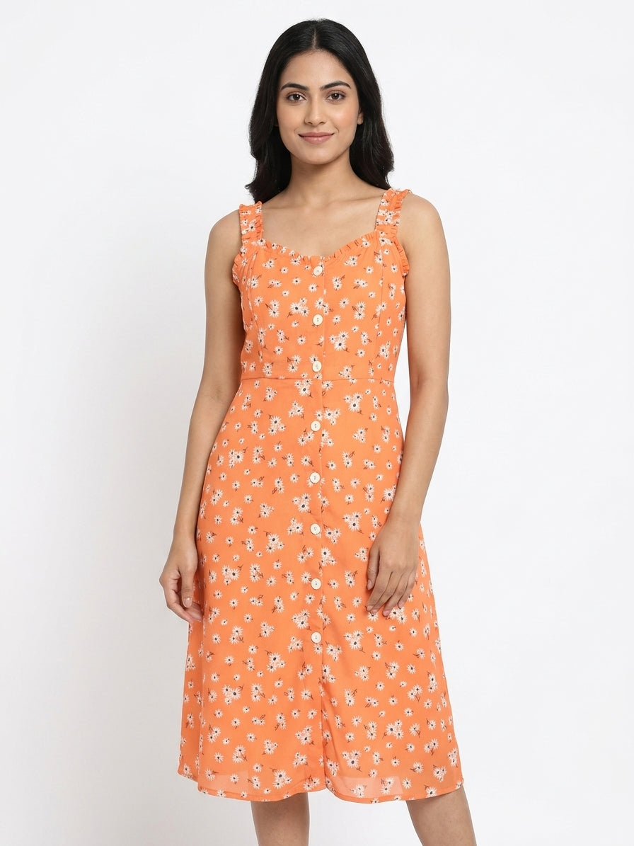 Orange Floral Print A-Line Casual Dress