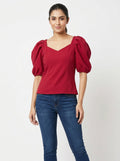 Women's Red Solid Puff Sleeve Top