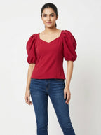 Women's Red Solid Puff Sleeve Top