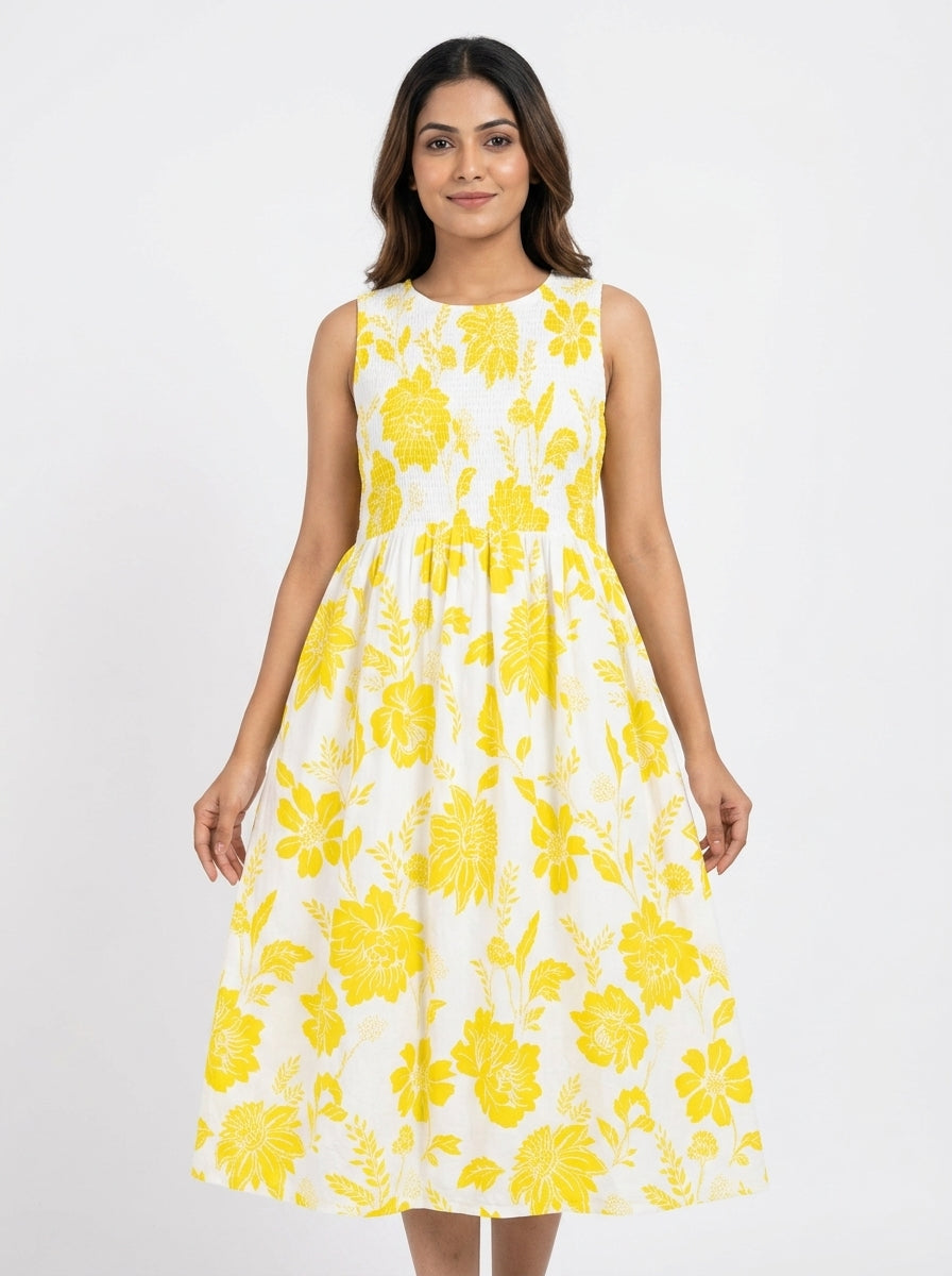 Yellow Floral Print Sleeveless A-Line Dress