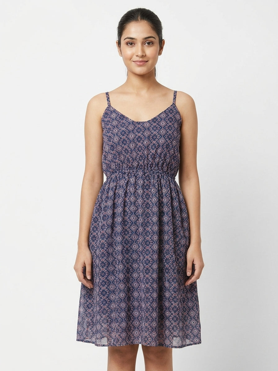 Navy Blue Printed Flared Casual Dress