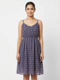 Navy Blue Printed Flared Casual Dress