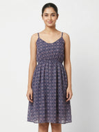 Navy Blue Printed Flared Casual Dress