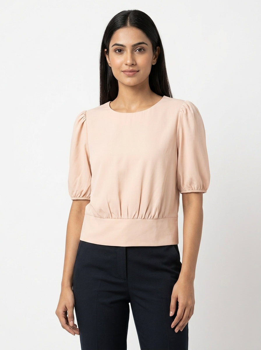 Women's Peach Solid Regular Fit Puff Sleeve Top
