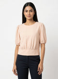 Women's Peach Solid Regular Fit Puff Sleeve Top