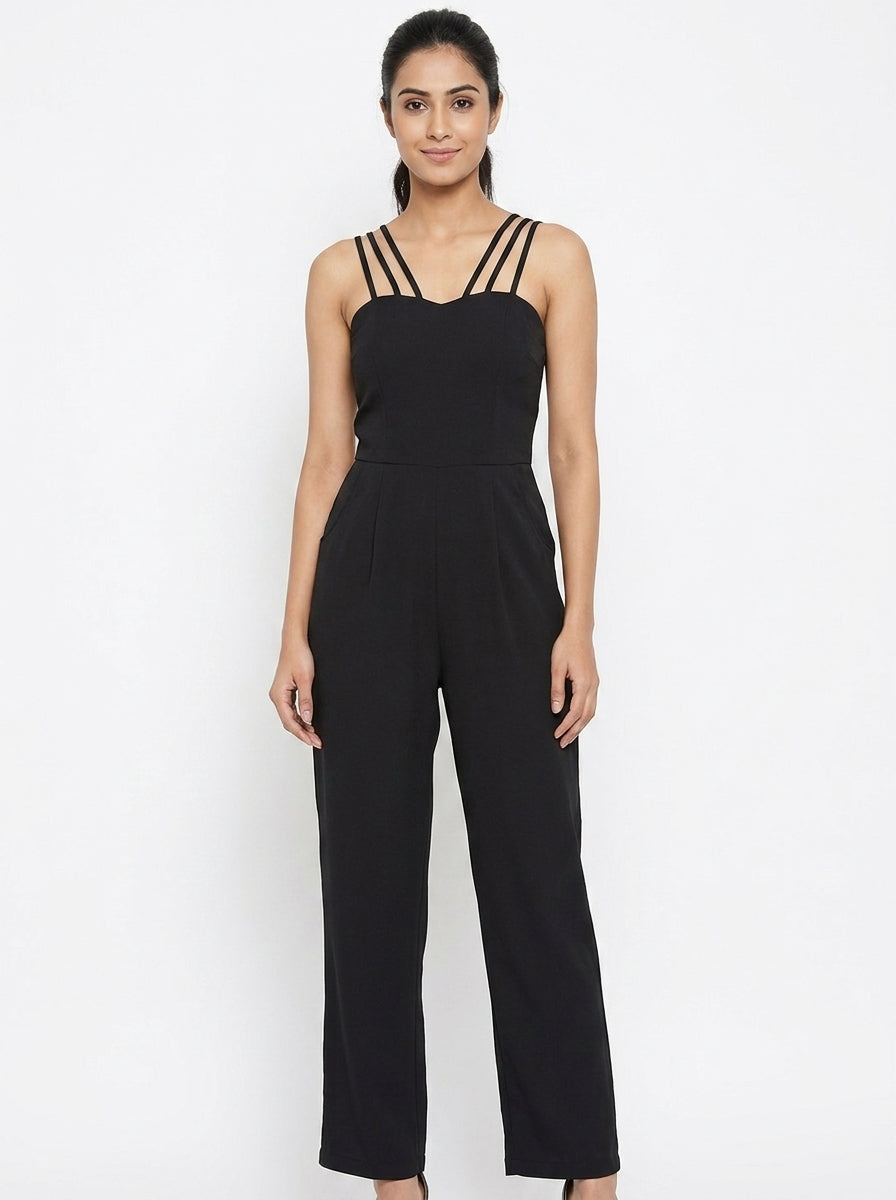 Women's Black Strappy Solid Jumpsuit