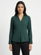Dark Green Solid V-Neck Casual Top