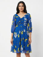 Women's Blue Floral Printed Casual Dress