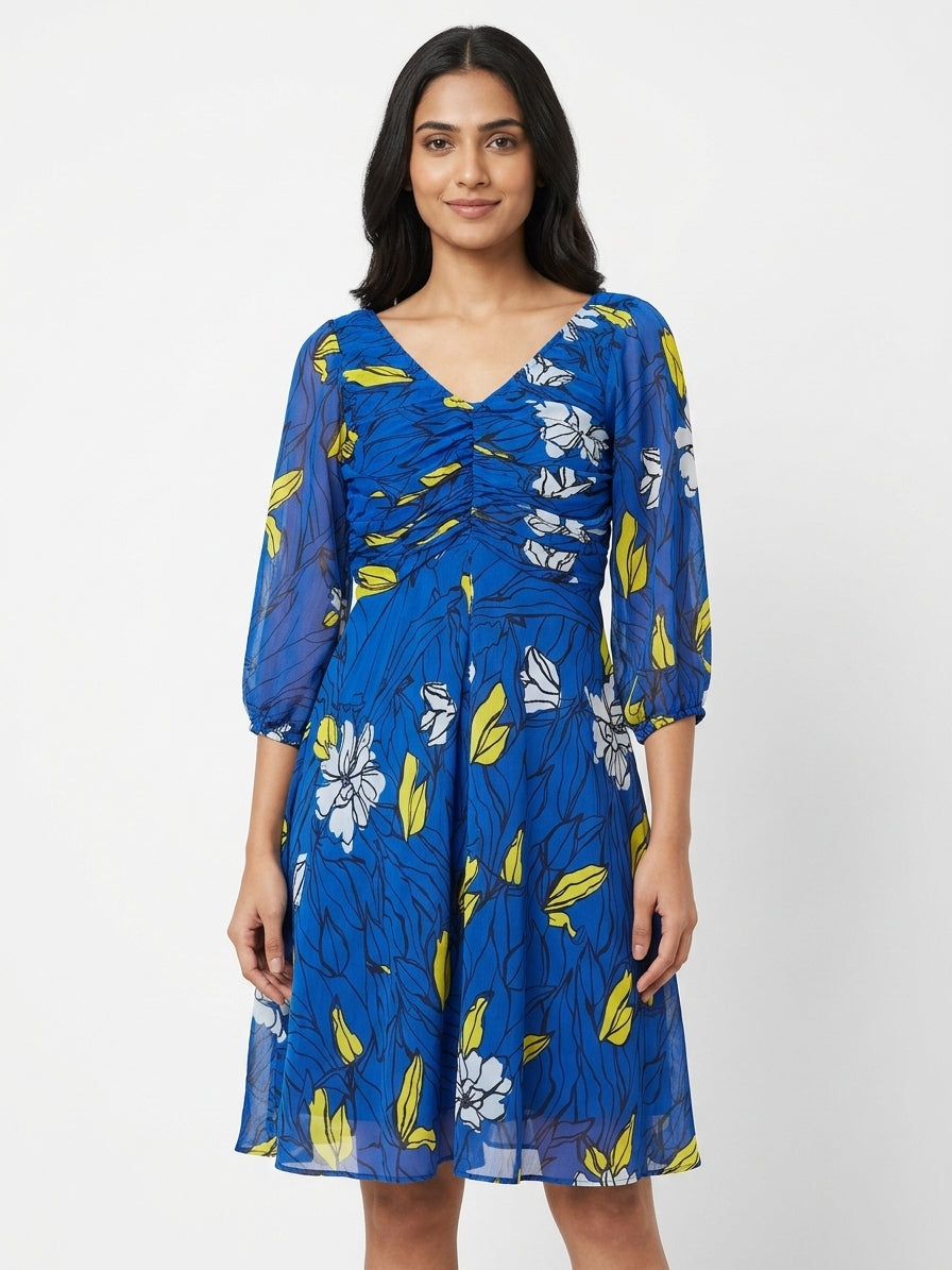 Women's Blue Floral Printed Casual Dress