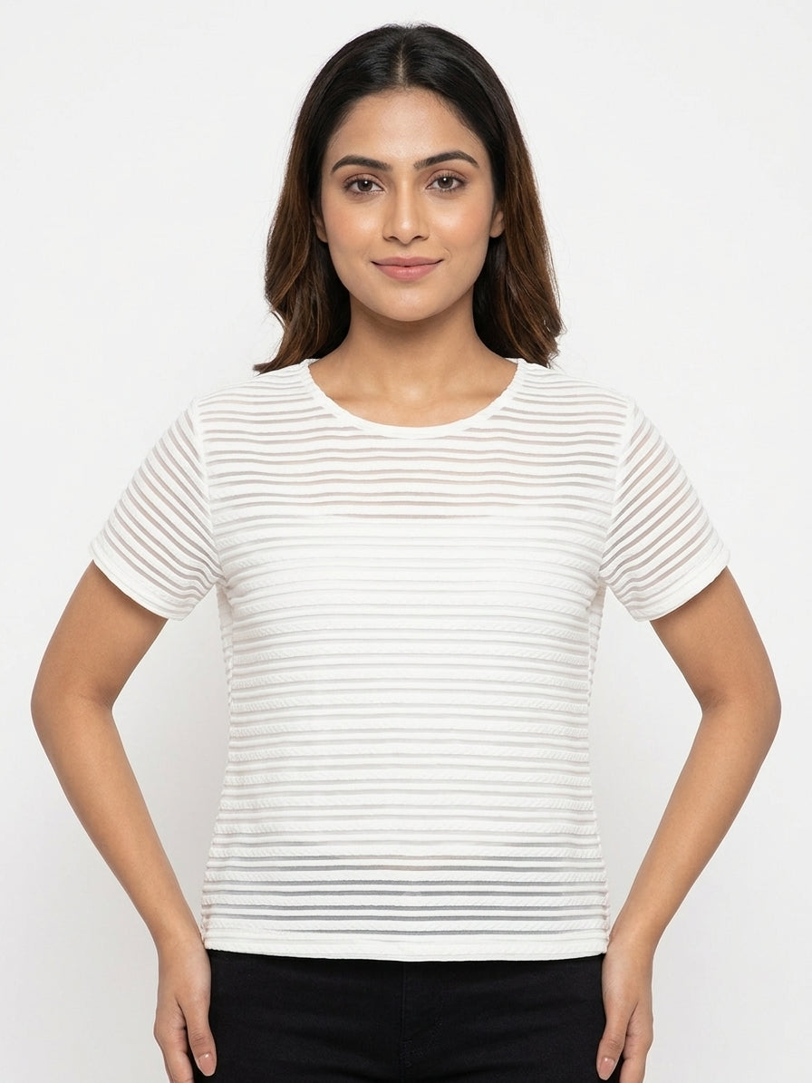 Women's White Textured Round Neck Short Sleeve Top