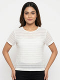Women's White Textured Round Neck Short Sleeve Top