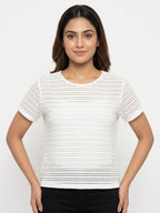 Women's White Textured Round Neck Short Sleeve Top
