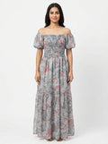 Multi Printed Smocked Flared Maxi Dress