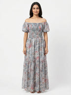 Multi Printed Smocked Flared Maxi Dress