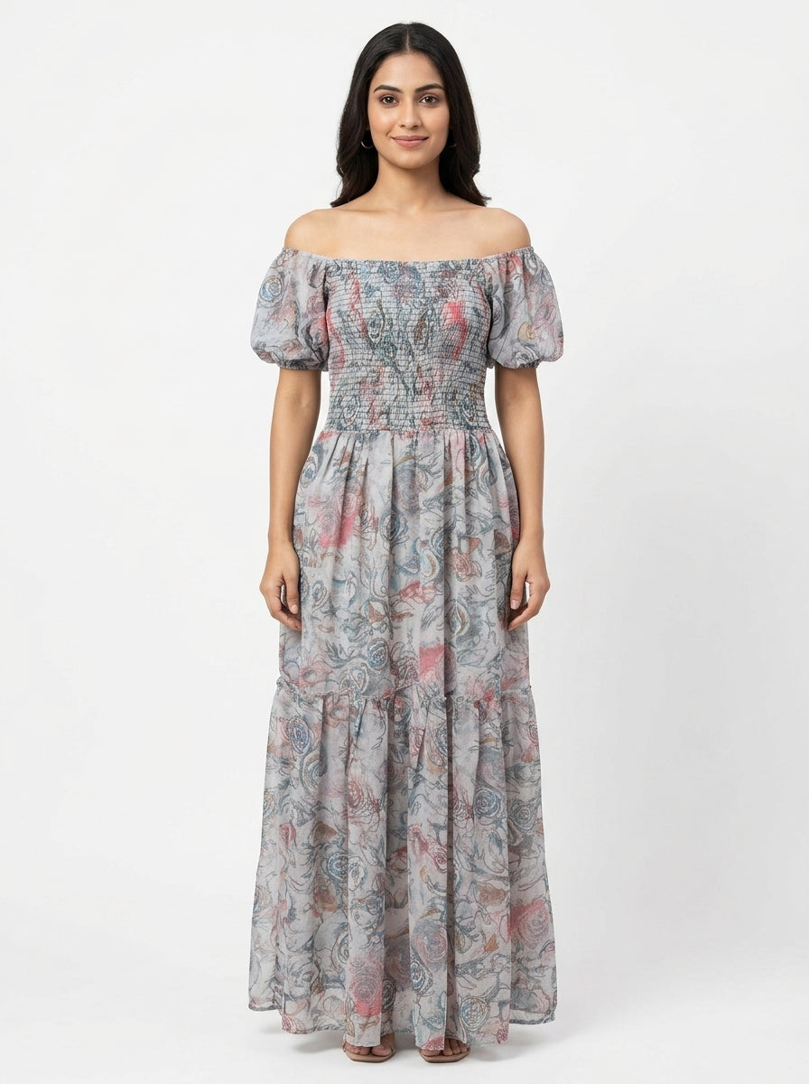 Multi Printed Smocked Flared Maxi Dress