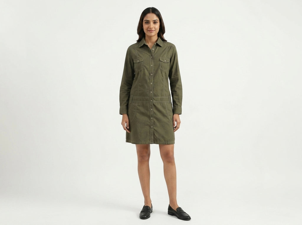 Olive Green Collared Cotton Shirt Dress