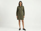 Olive Green Collared Cotton Shirt Dress