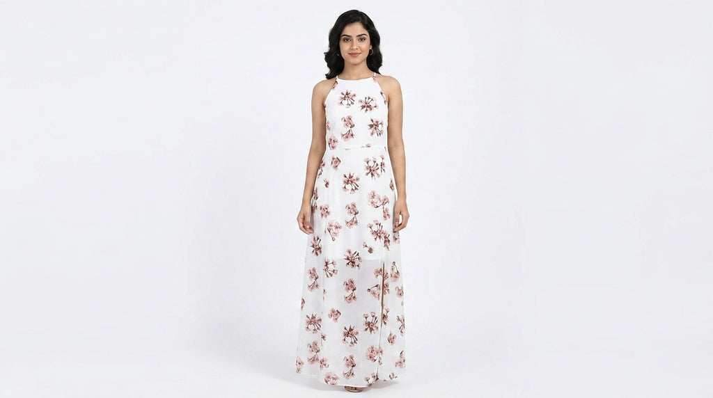 White Floral Print A-line Dress