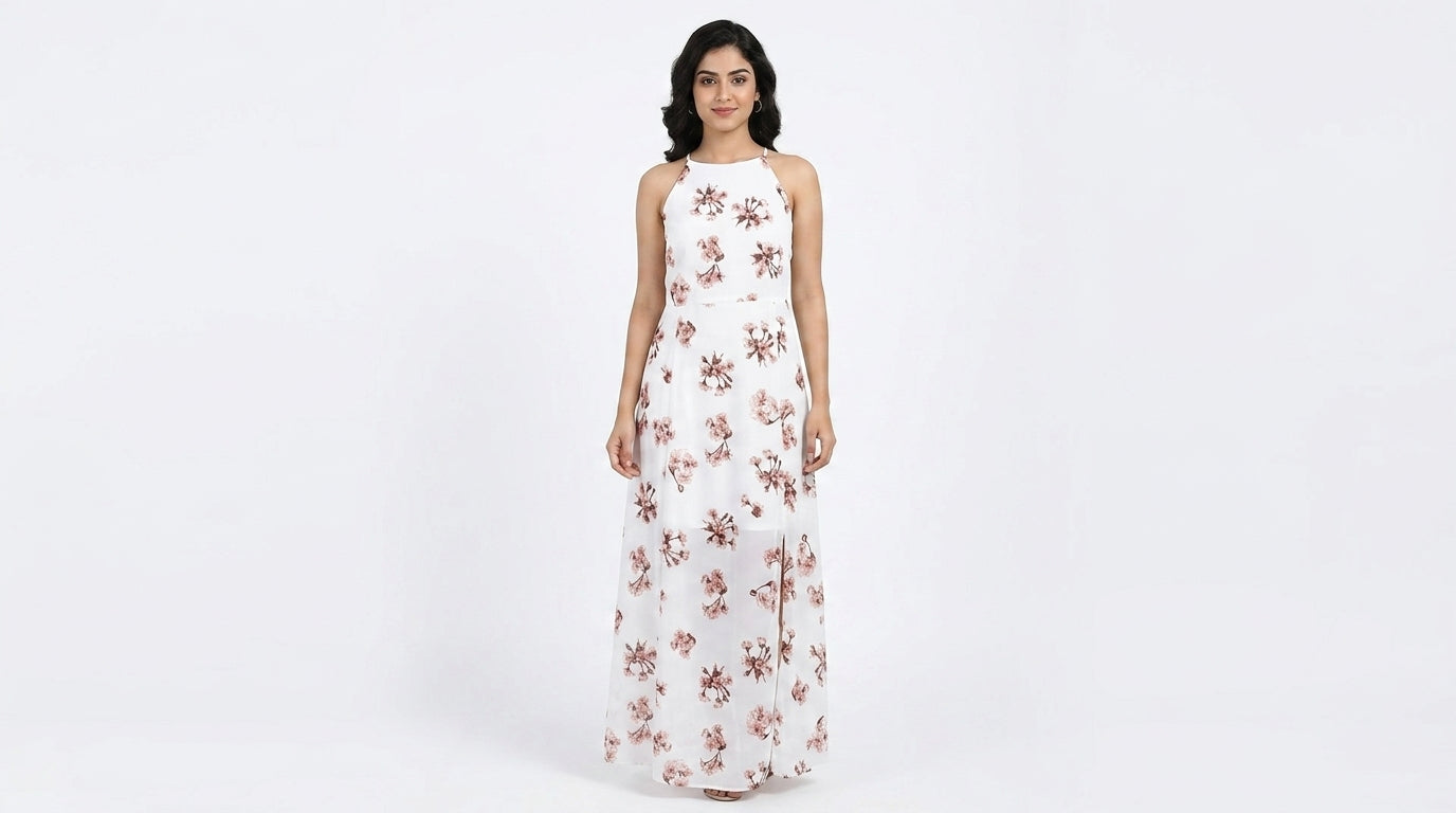 White Floral Print A-line Dress