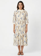 Cream Floral Printed Flared Dress