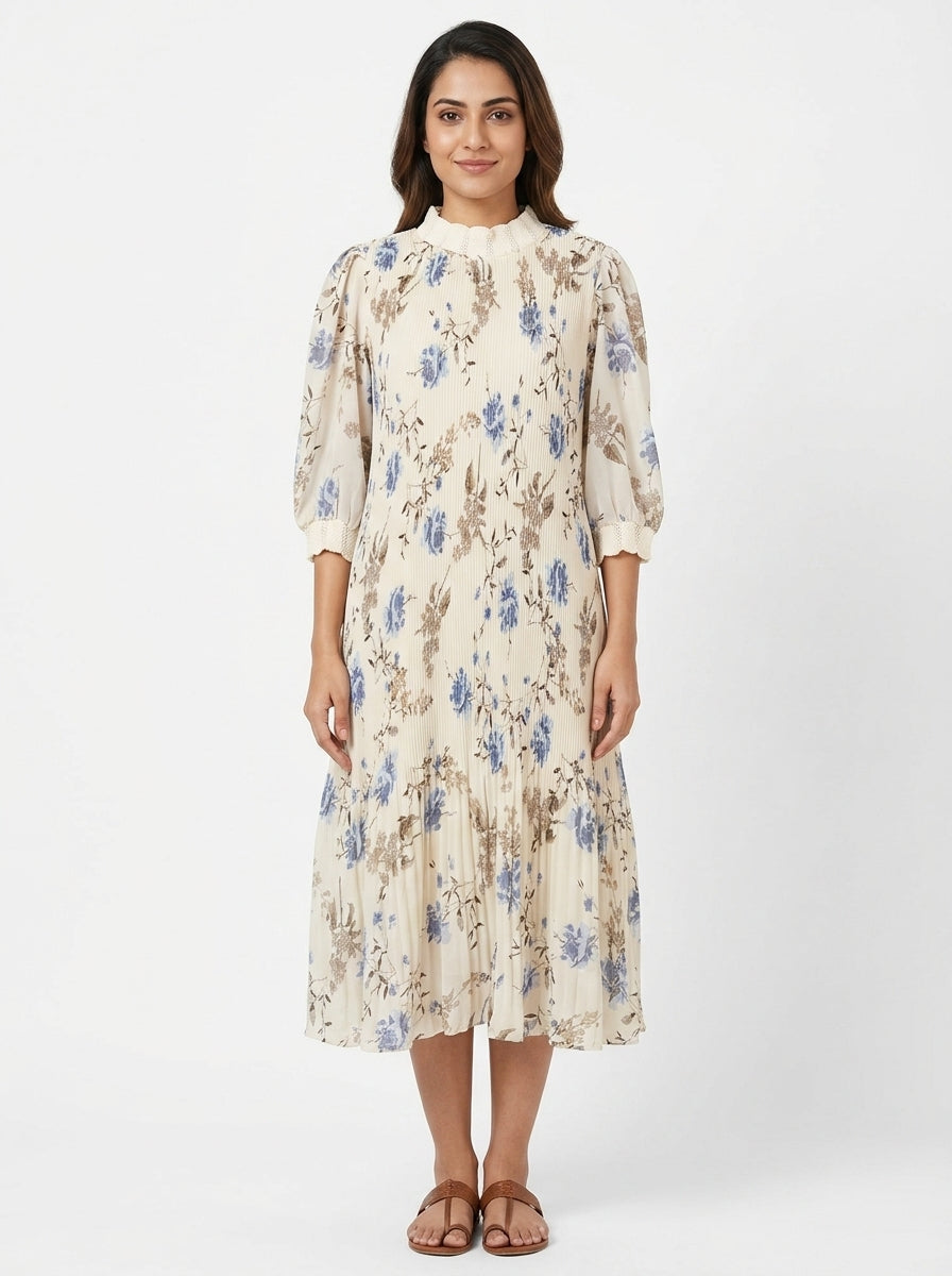 Cream Floral Printed Flared Dress