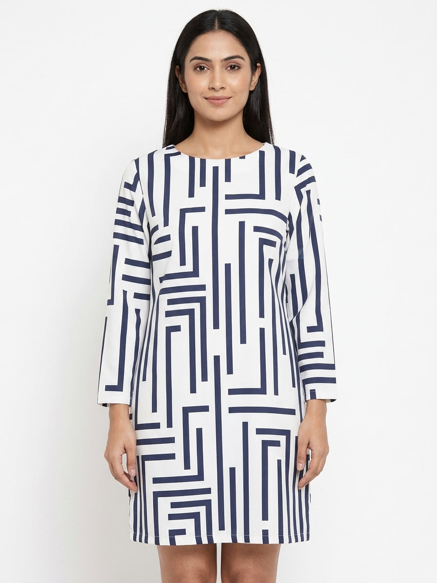 White & Navy Blue Abstract Print Regular Fit Dress