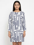 White & Navy Blue Abstract Print Regular Fit Dress