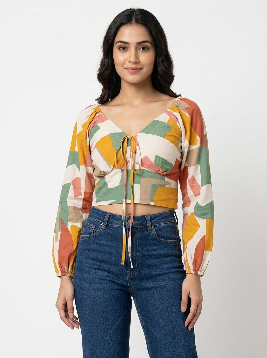 Women's Multi-Color Abstract Print Relaxed Fit Crop Top