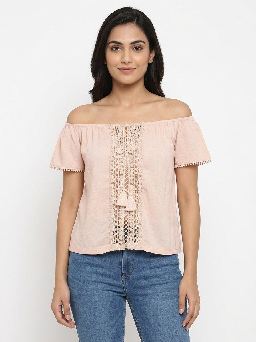 Women's Peach Off-Shoulder Embellished Top