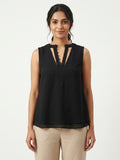 Women's Black Sleeveless V-Neck Solid Casual Top