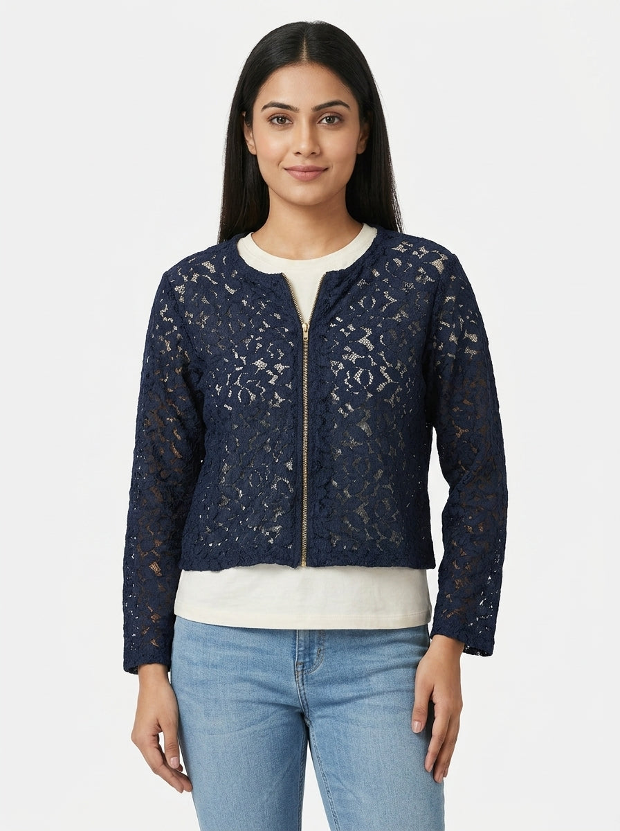 Women's Navy Blue Self Design Lace Zipper Shrug