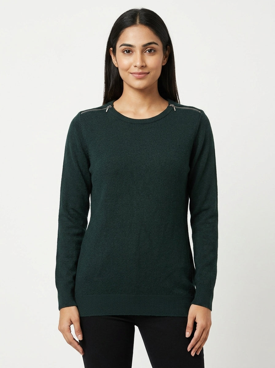 Max Dark Green Knit Sweater with Shoulder Zippers