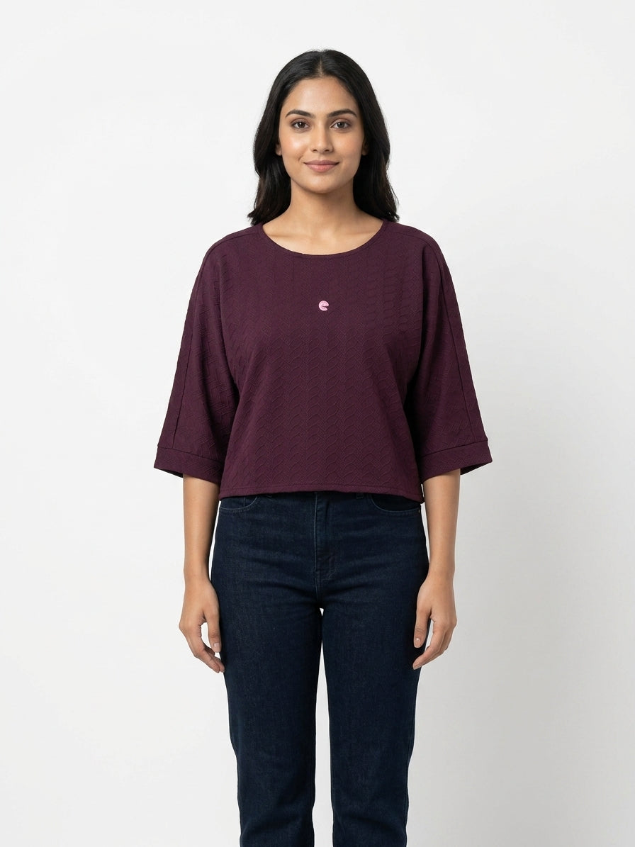 Women's Wine Textured Relaxed Fit Top