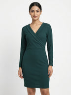 Dark Green Textured Slim Fit Wrap Dress