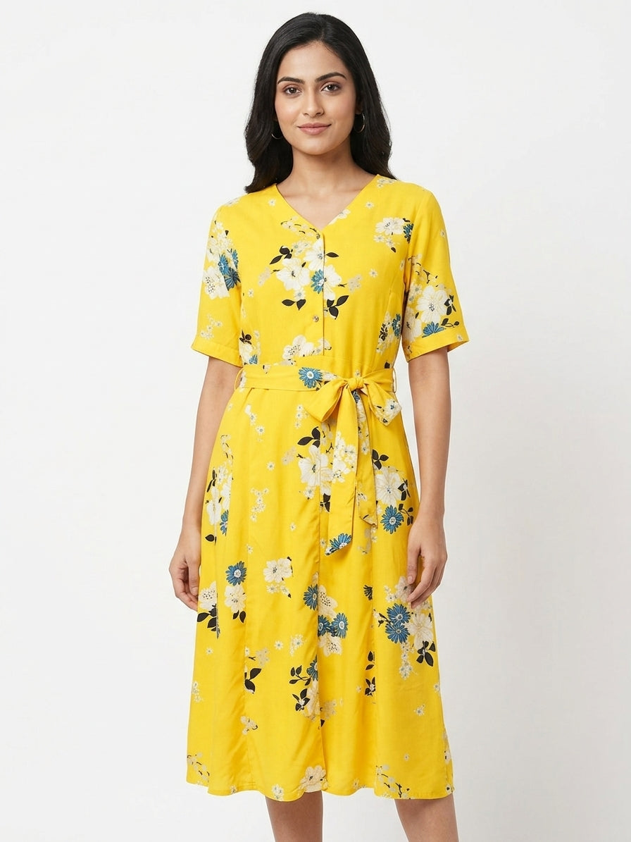 Yellow Floral Printed V-Neck Dress with Tie-Up Waist