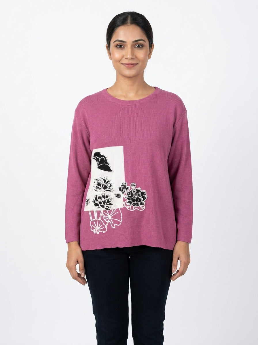 Magenta Graphic Knit Long Sleeve Top