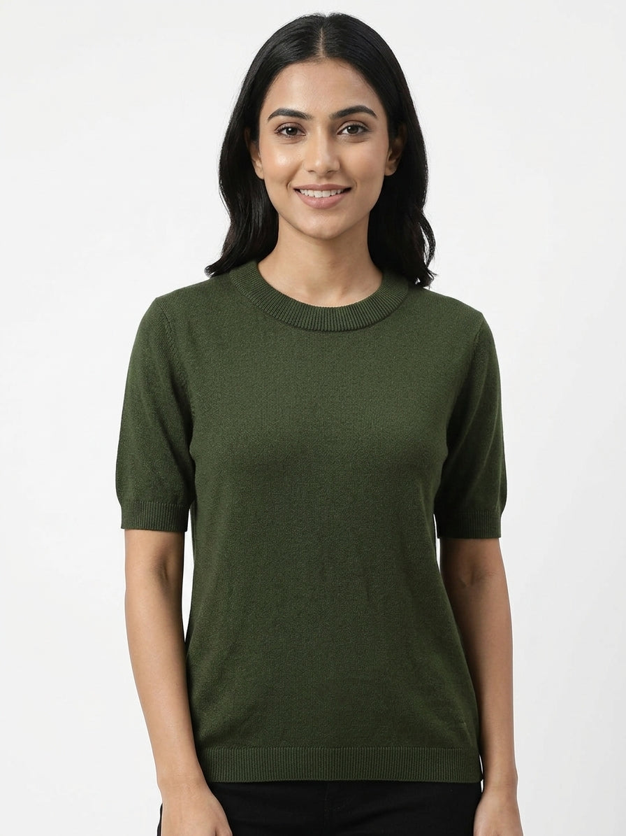 Women's Dark Green Solid Knit Short Sleeve Top