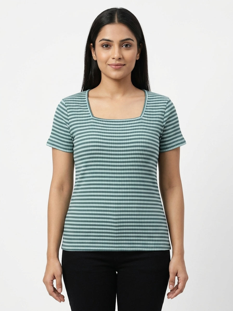 Women's Sea Green Striped Ribbed Square Neck Top