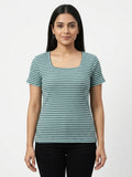 Women's Sea Green Striped Ribbed Square Neck Top