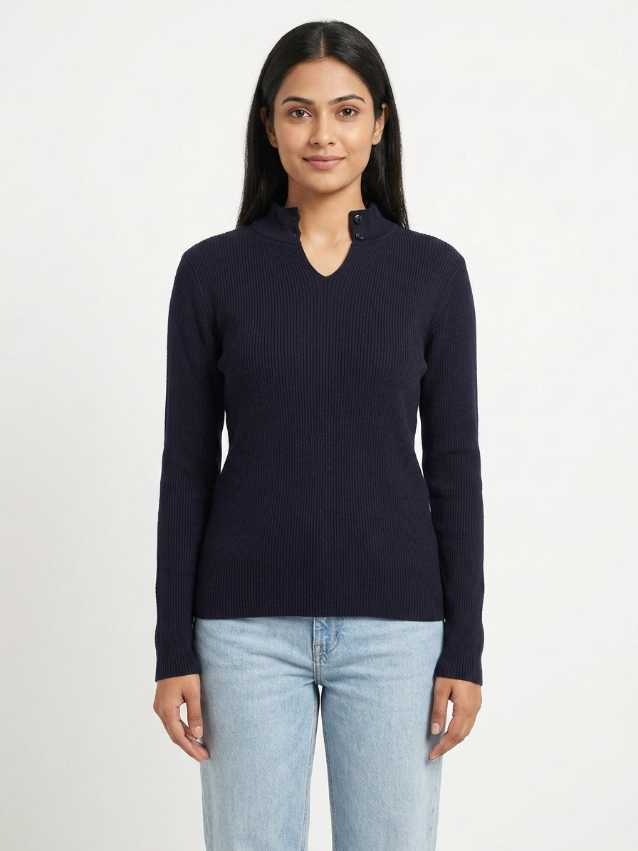 Dark Purple Ribbed V-Neck Sweater