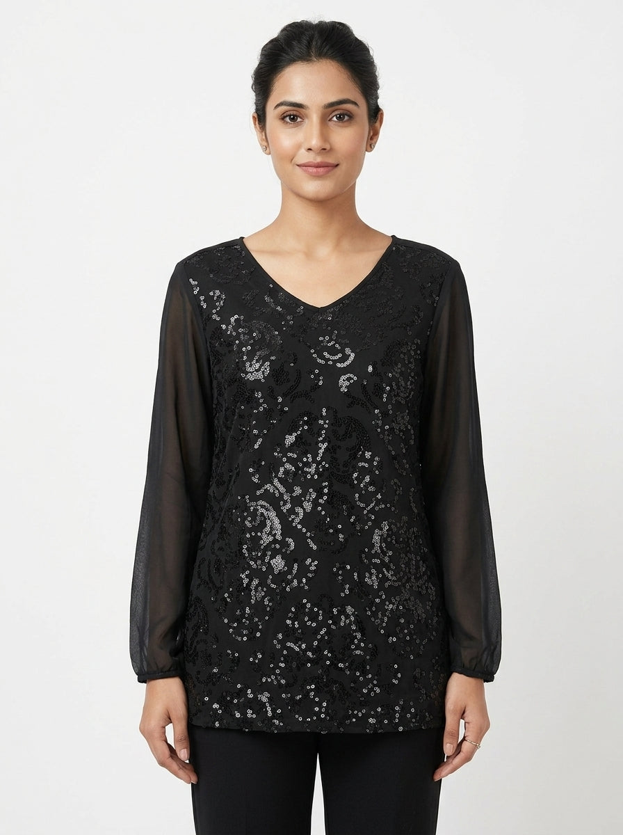 Black Embellished V-Neck Long Sleeve Party Top