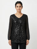 Black Embellished V-Neck Long Sleeve Party Top