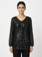 Black Embellished V-Neck Long Sleeve Party Top