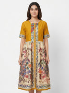Mustard Yellow Ethnic Print Flared Dress