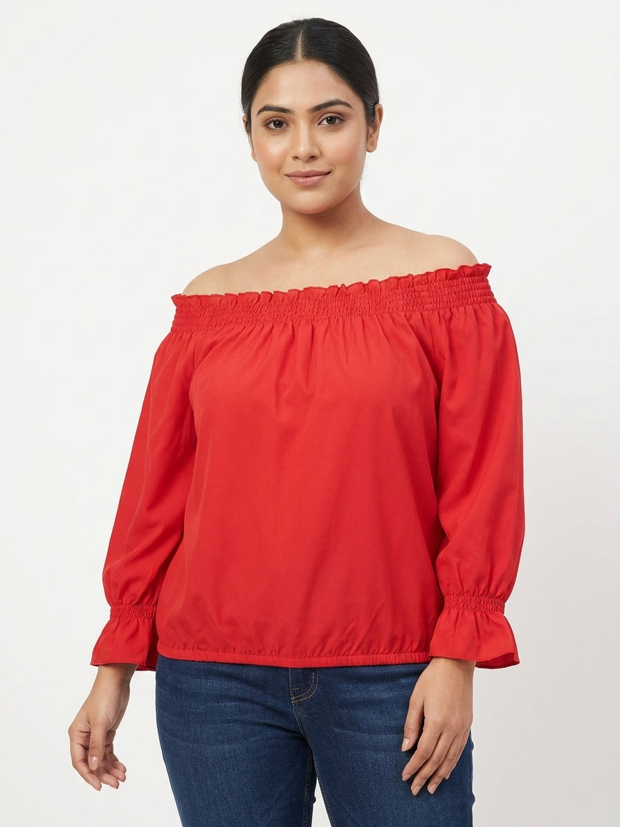 Women's Red Solid Off-Shoulder Shirred Top
