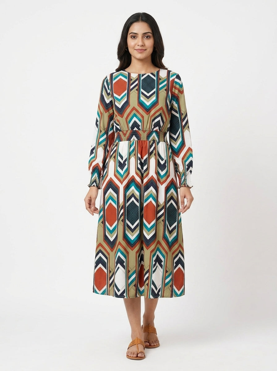 Multi-Color Geometric Print Long Sleeve Dress