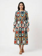 Multi-Color Geometric Print Long Sleeve Dress